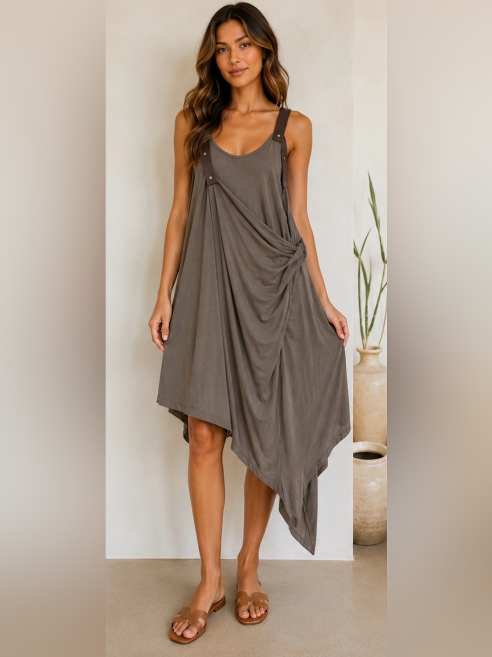 MEDI Brown Asymmetrical Women’s Dress Faux Leather Shoulder Straps Size 2 EUC - Picture 1 of 10